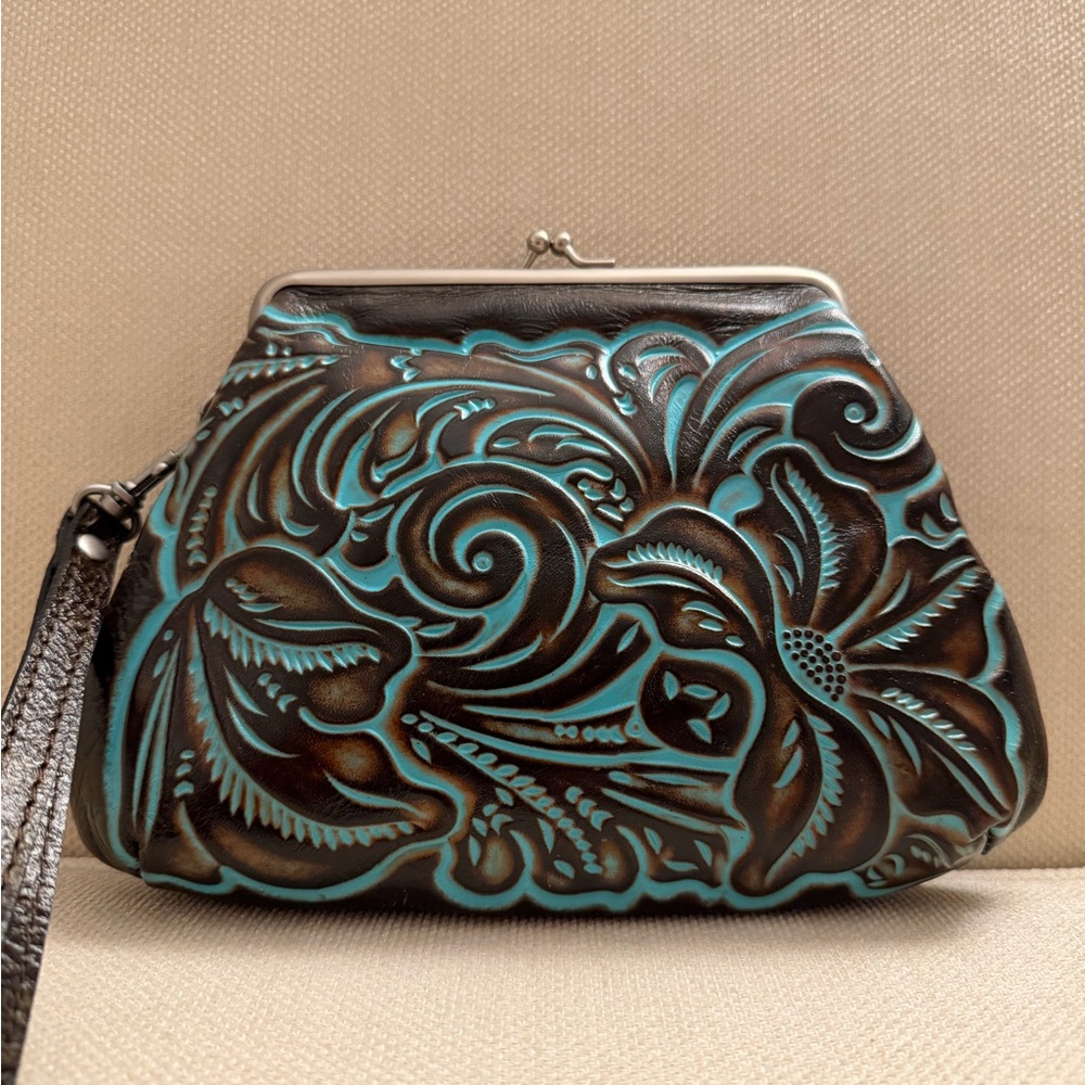 Patricia Nash Embossed Clip Top Leather Clutch - Brown and Turqoise